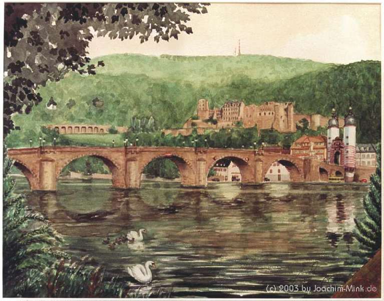 "Heidelberg, Alte Brücke, Schloß, Königsstuhl", 
Aquarell auf Bütten, 2000
Copyright by Joachim Mink, Weinheim